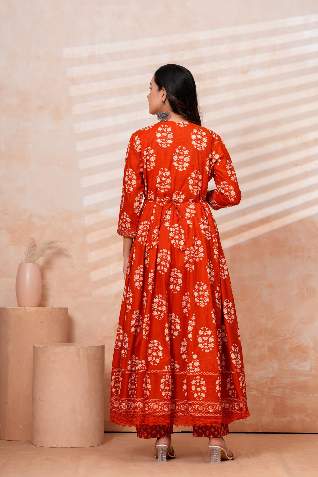 Women Rust orange Printed Kurta Set with printed Dupatta