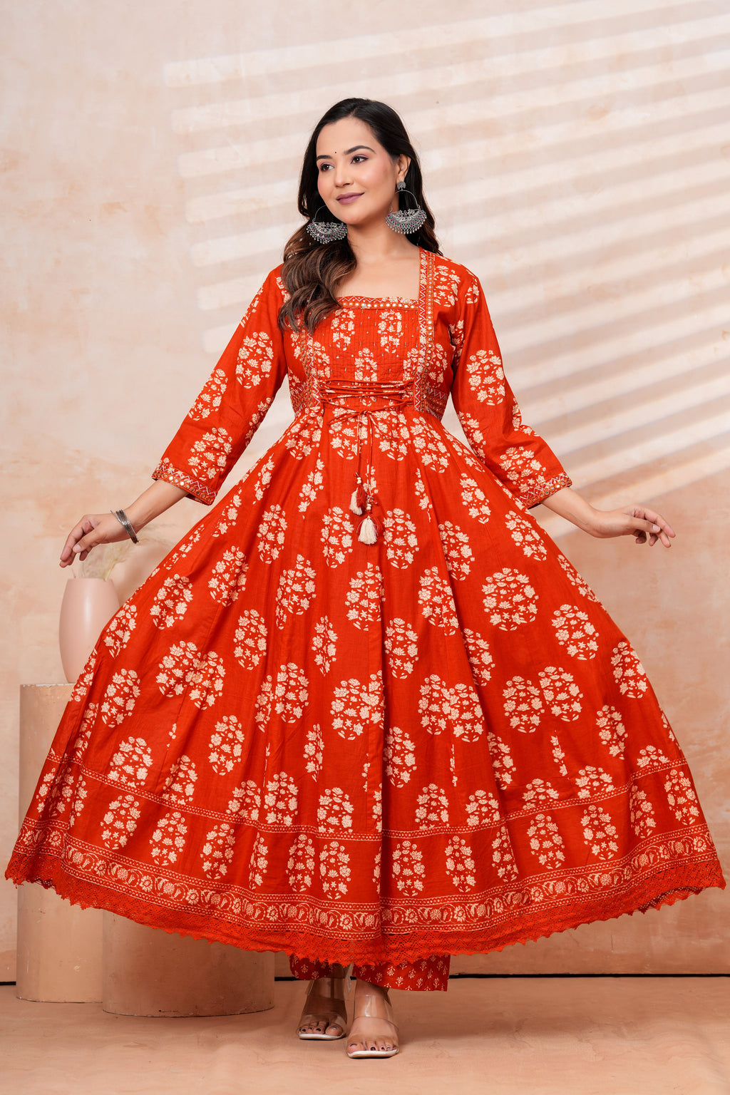 Women Rust orange Printed Kurta Set with printed Dupatta