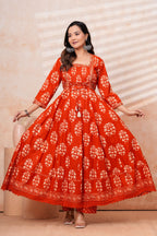 Women Rust orange Printed Kurta Set with printed Dupatta