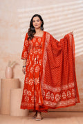 Women Rust orange Printed Kurta Set with printed Dupatta