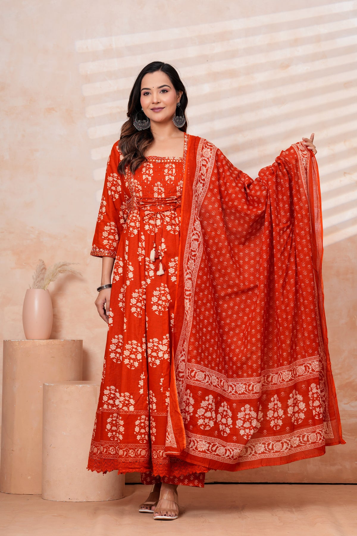 Women Rust orange Printed Kurta Set with printed Dupatta