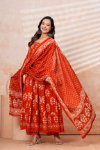 Women Rust orange Printed Kurta Set with printed Dupatta