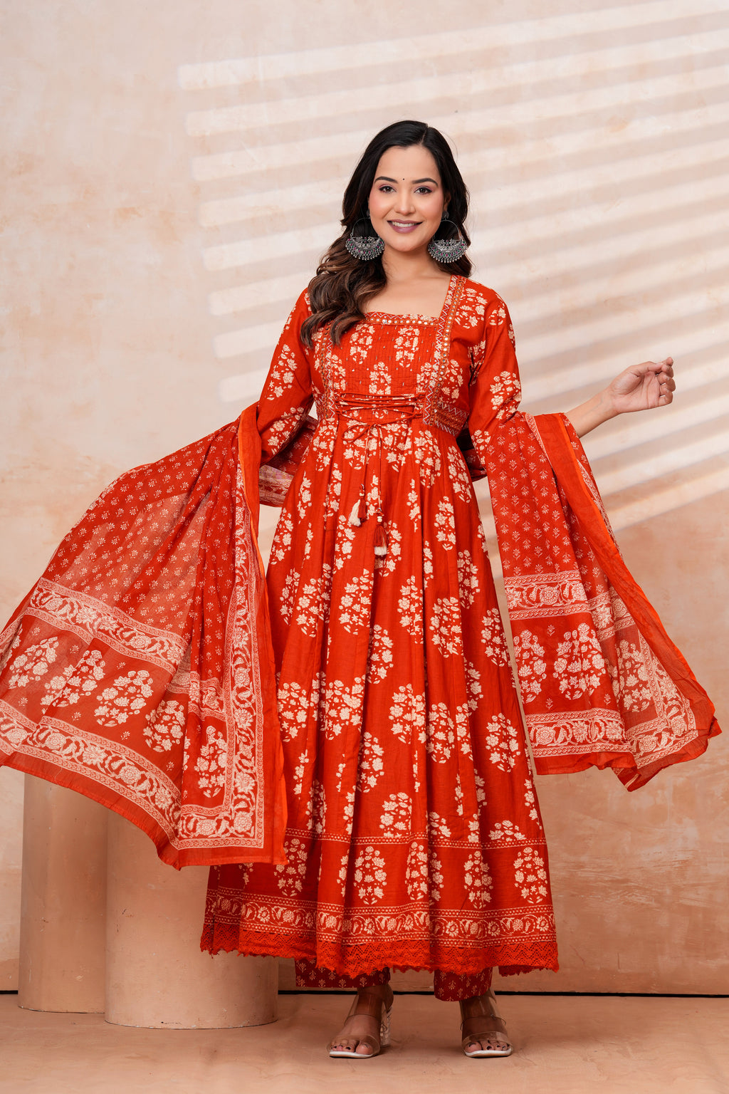 Women Rust orange Printed Kurta Set with printed Dupatta