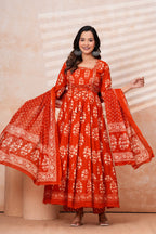 Women Rust orange Printed Kurta Set with printed Dupatta