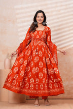 Women Rust orange Printed Kurta Set with printed Dupatta