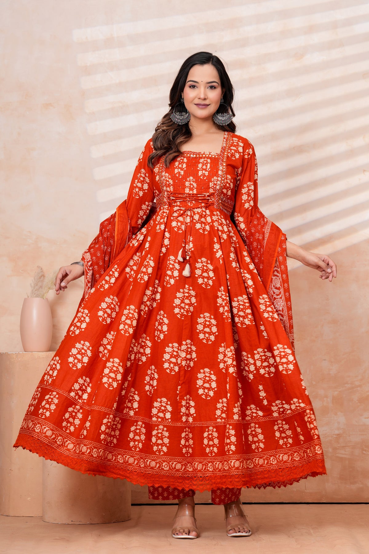 Women Rust orange Printed Kurta Set with printed Dupatta