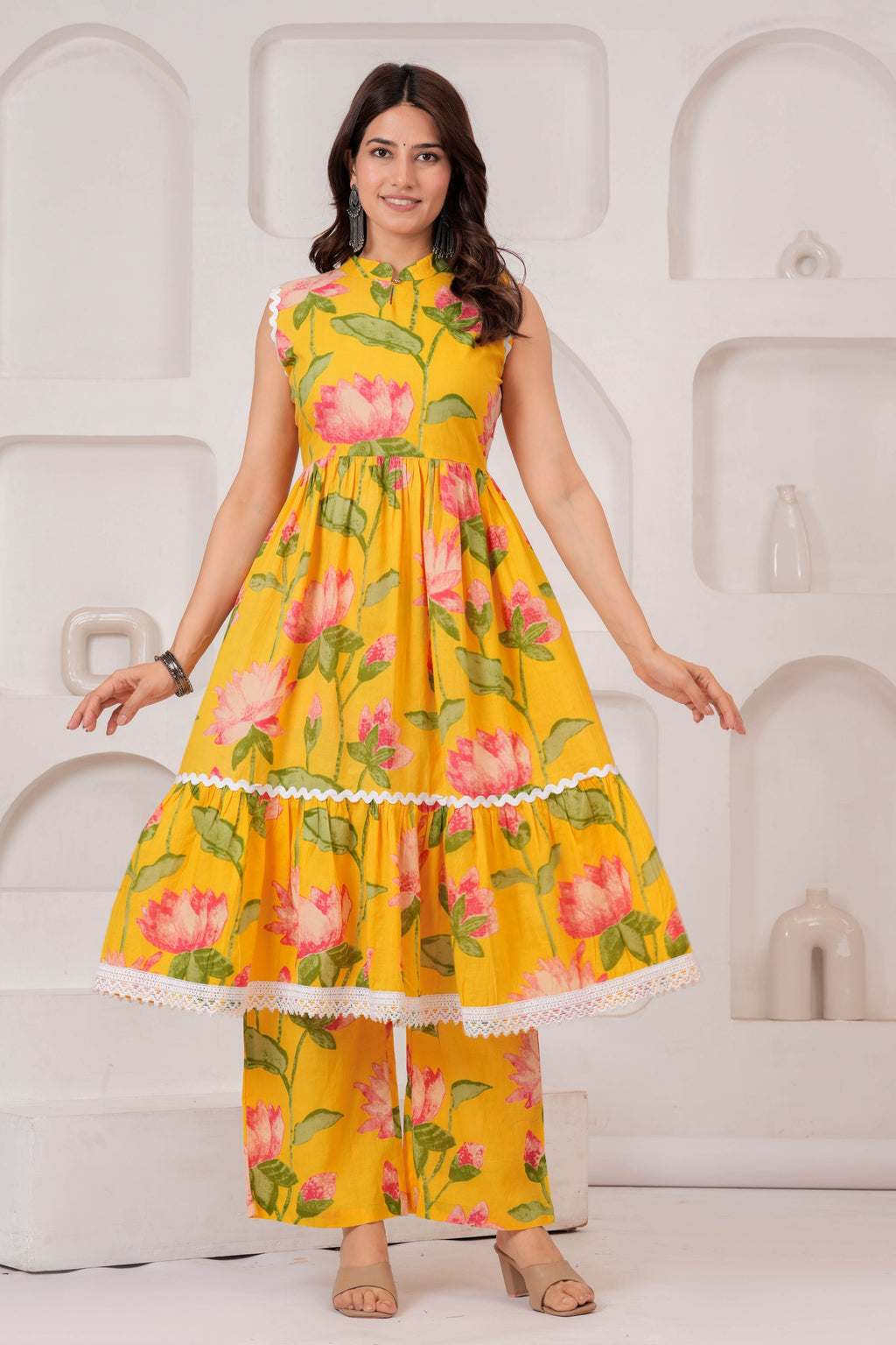 Elegant Yellow Lotus Print Kurti & Pant Set