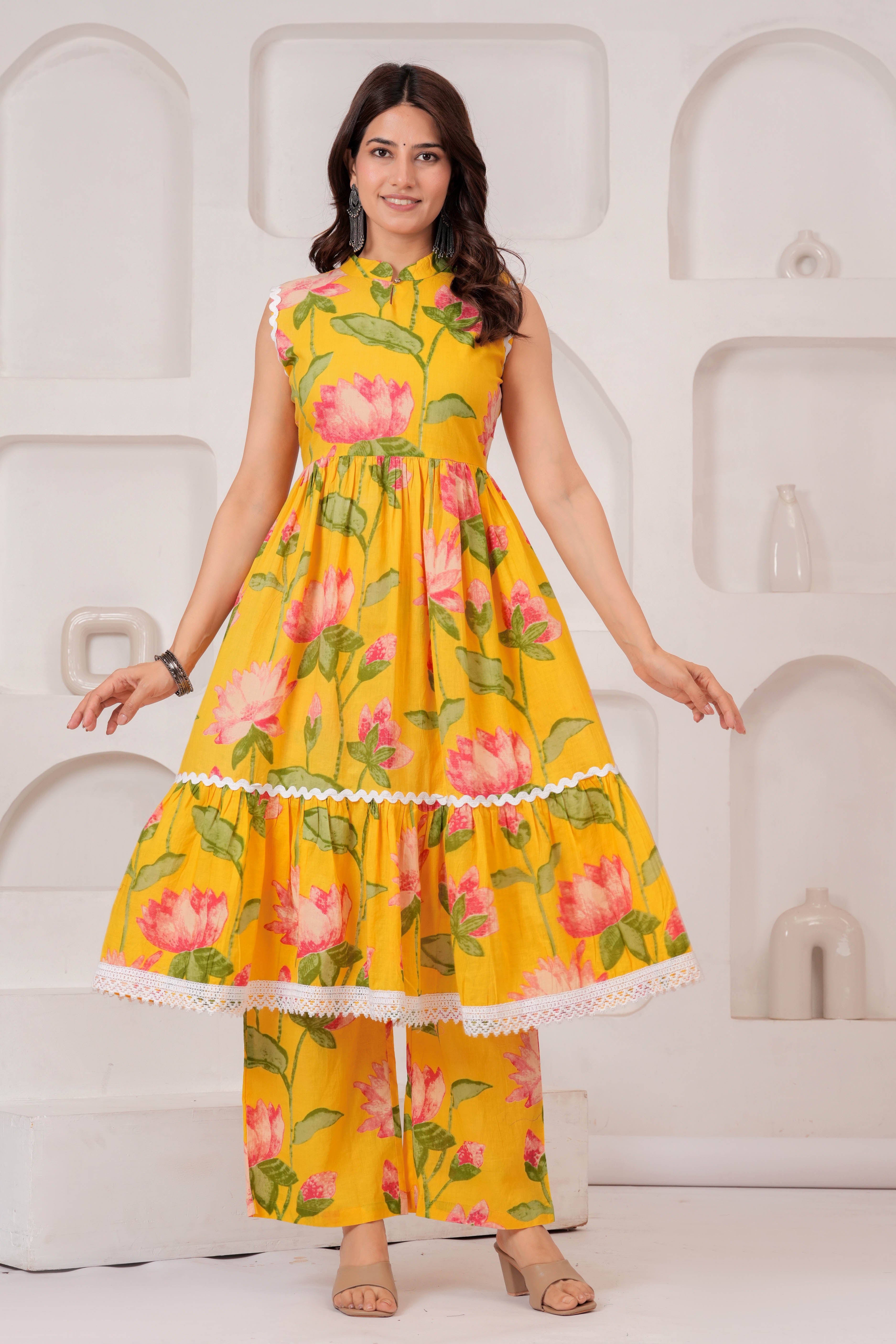 Elegant Yellow Lotus Print Kurti & Pant Set