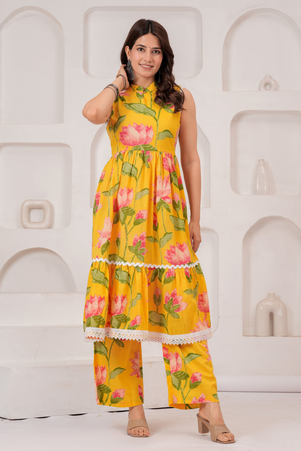 Elegant Yellow Lotus Print Kurti & Pant Set