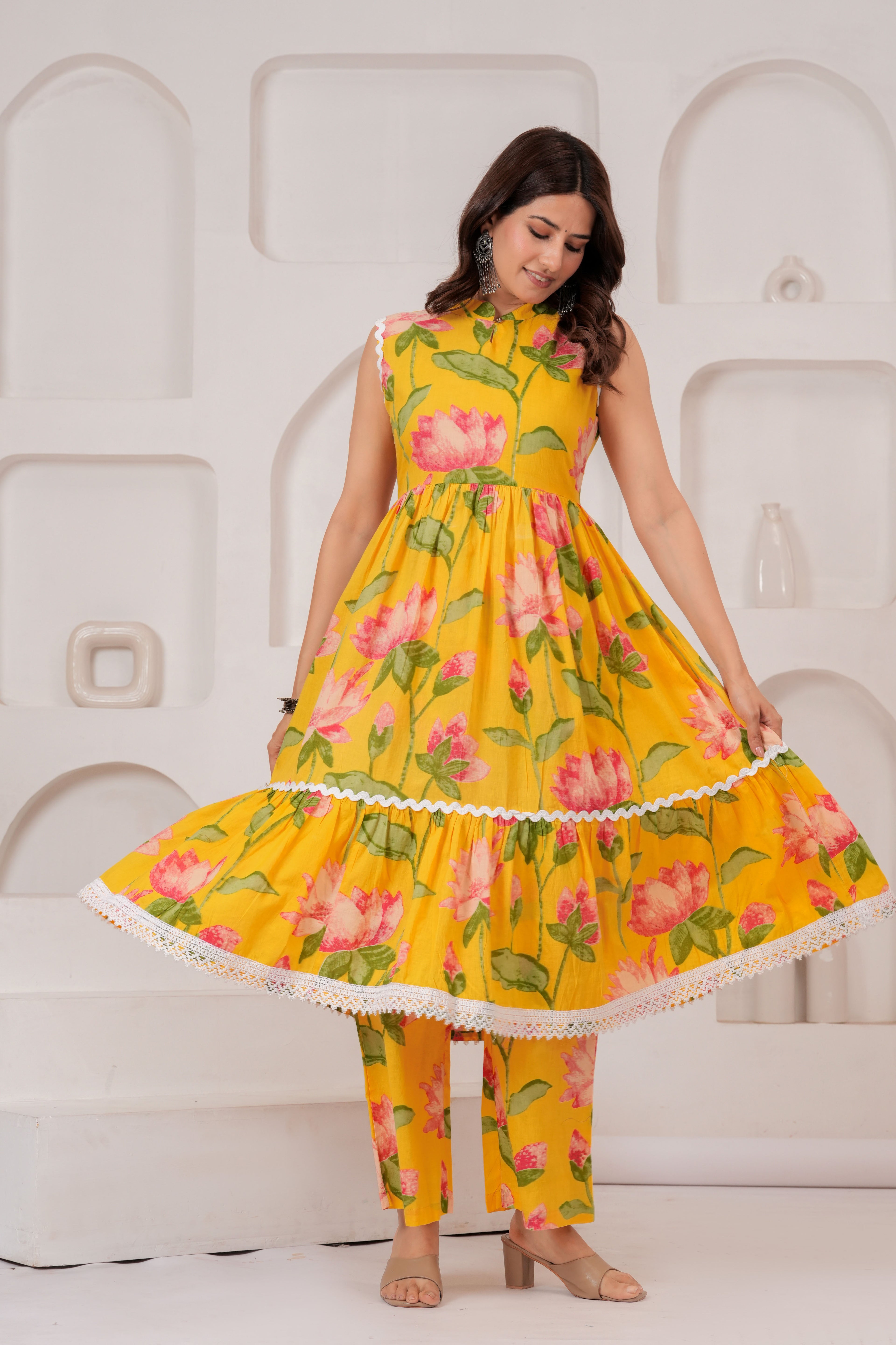 Elegant Yellow Lotus Print Kurti & Pant Set
