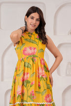 Elegant Yellow Lotus Print Kurti & Pant Set