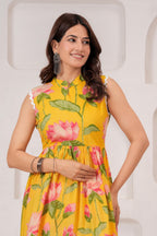 Elegant Yellow Lotus Print Kurti & Pant Set