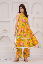 Elegant Yellow Lotus Print Kurti & Pant Set