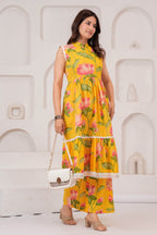 Elegant Yellow Lotus Print Kurti & Pant Set