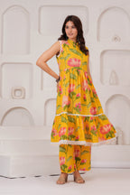 Elegant Yellow Lotus Print Kurti & Pant Set