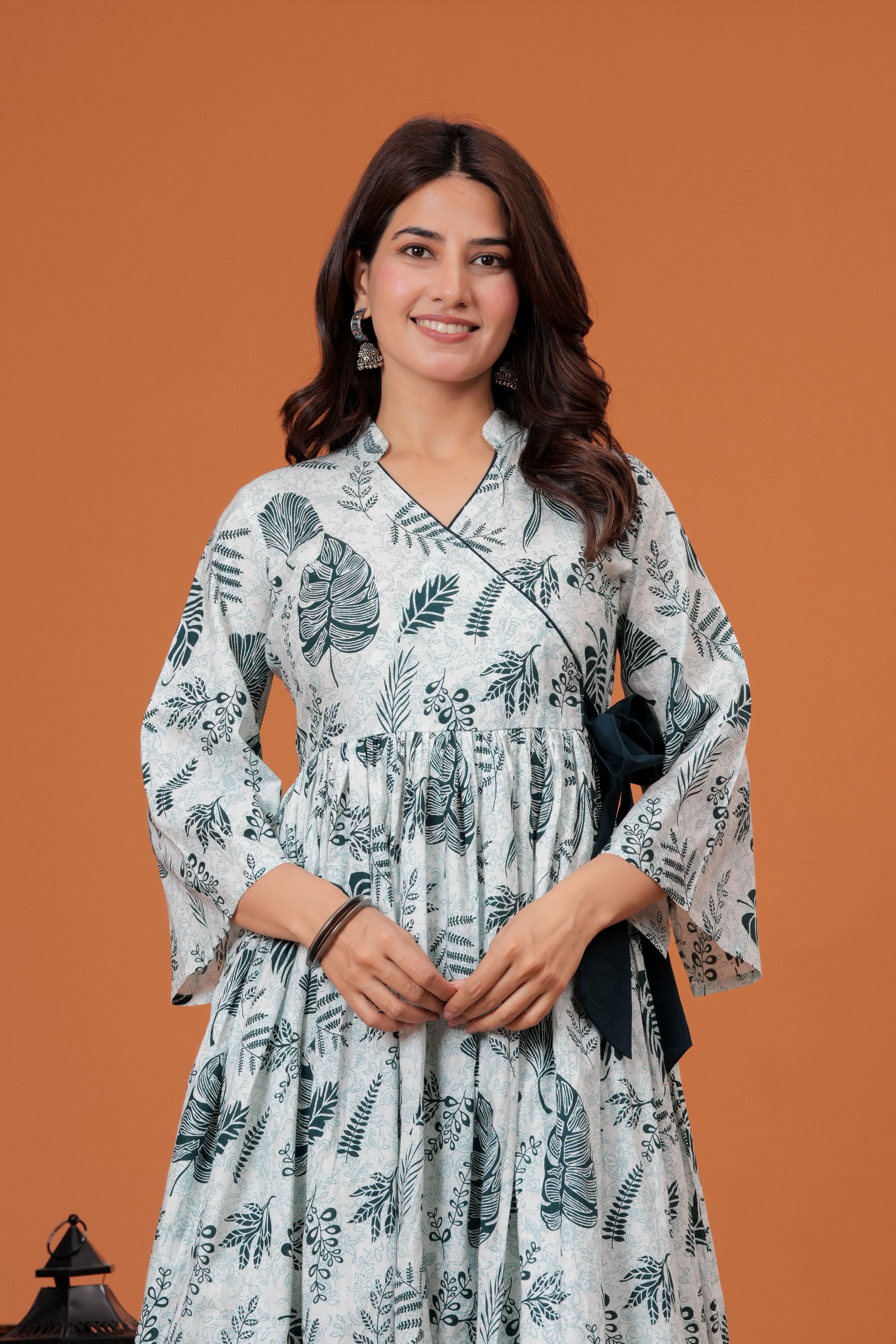 Elegant Grey Printed Cotton Kurti Pant Set with Flared Silhouette