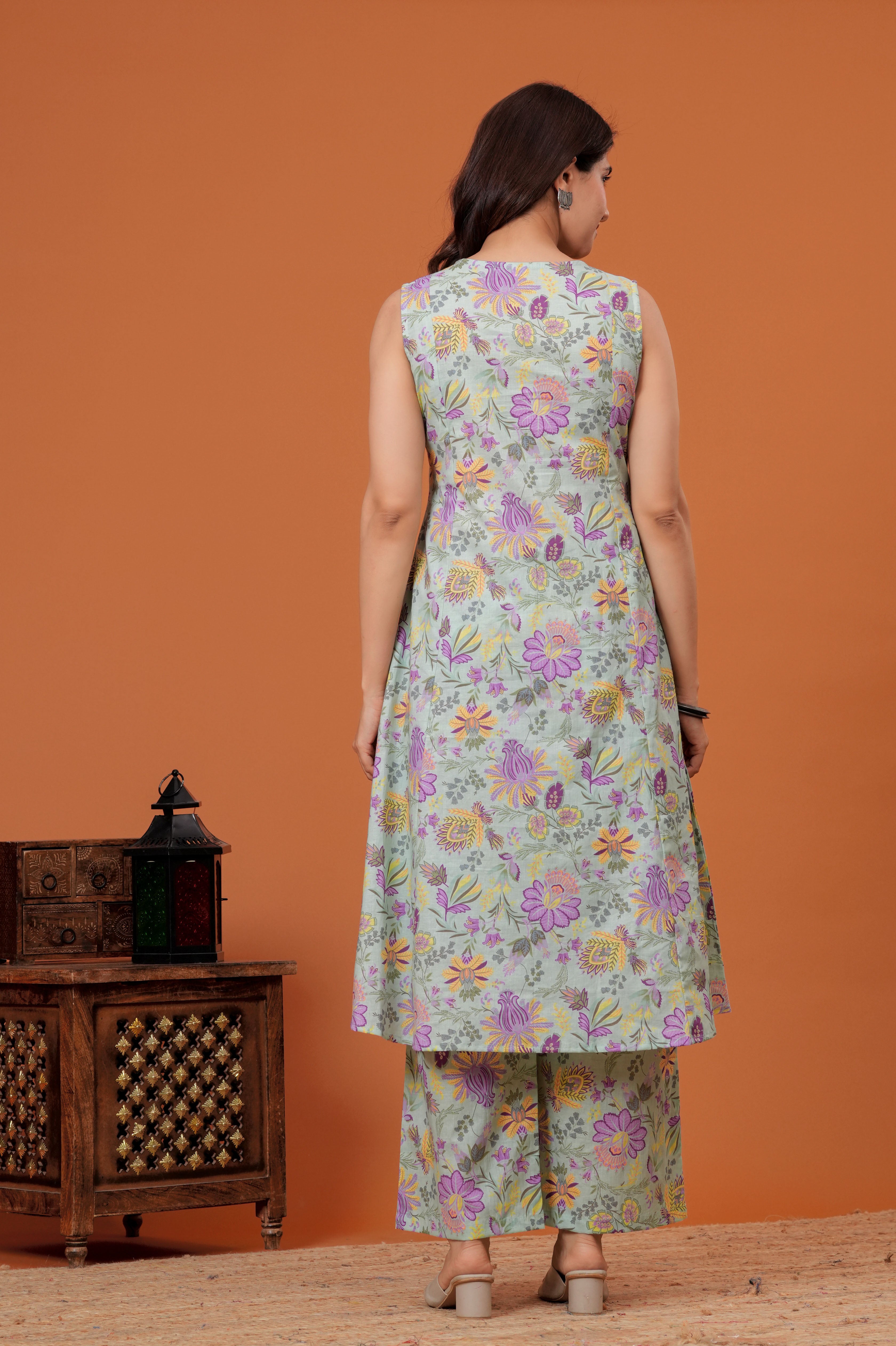Elegant Green Floral  Printed A-Line Kurti with palazzo set