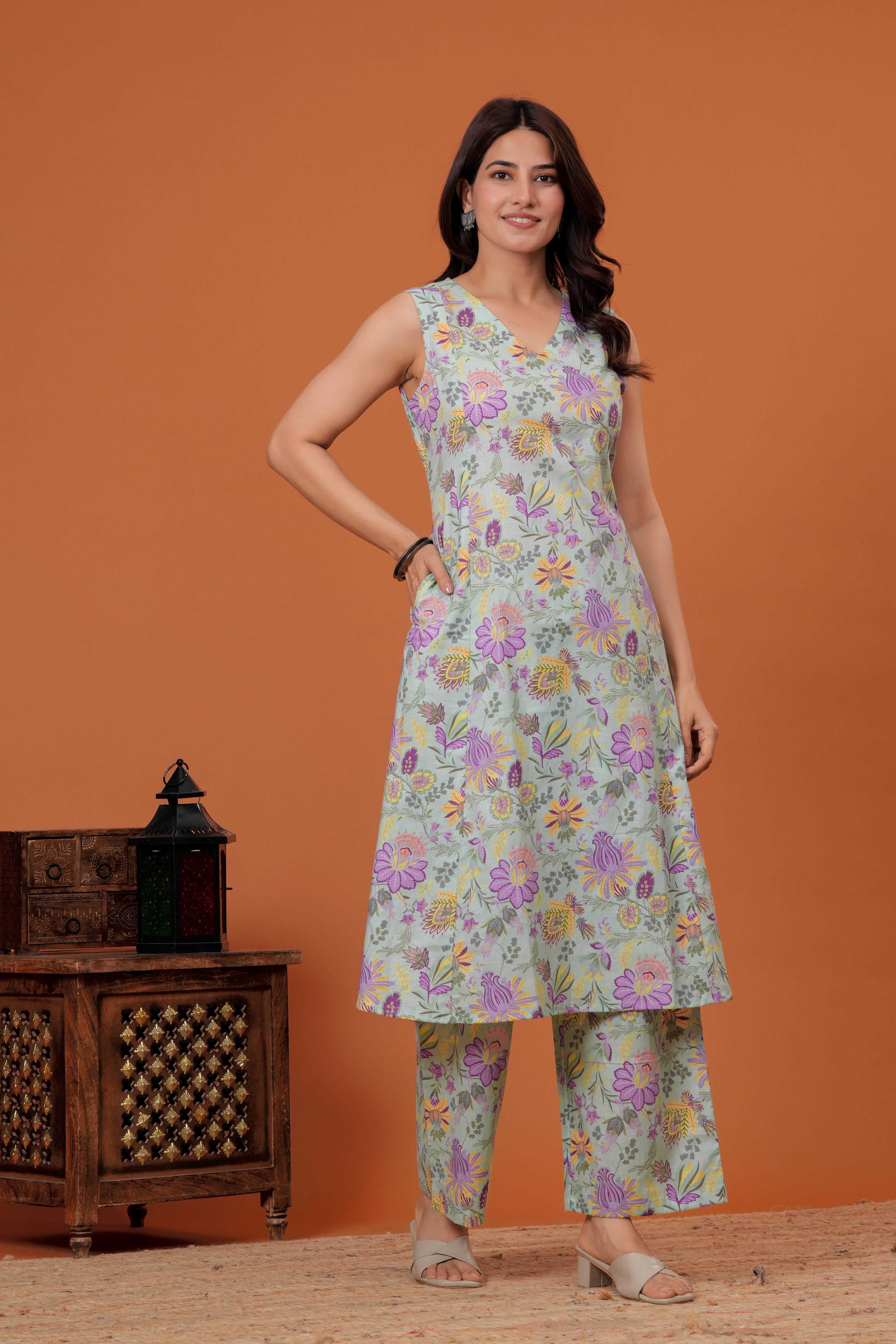 Elegant Green Floral  Printed A-Line Kurti with palazzo set
