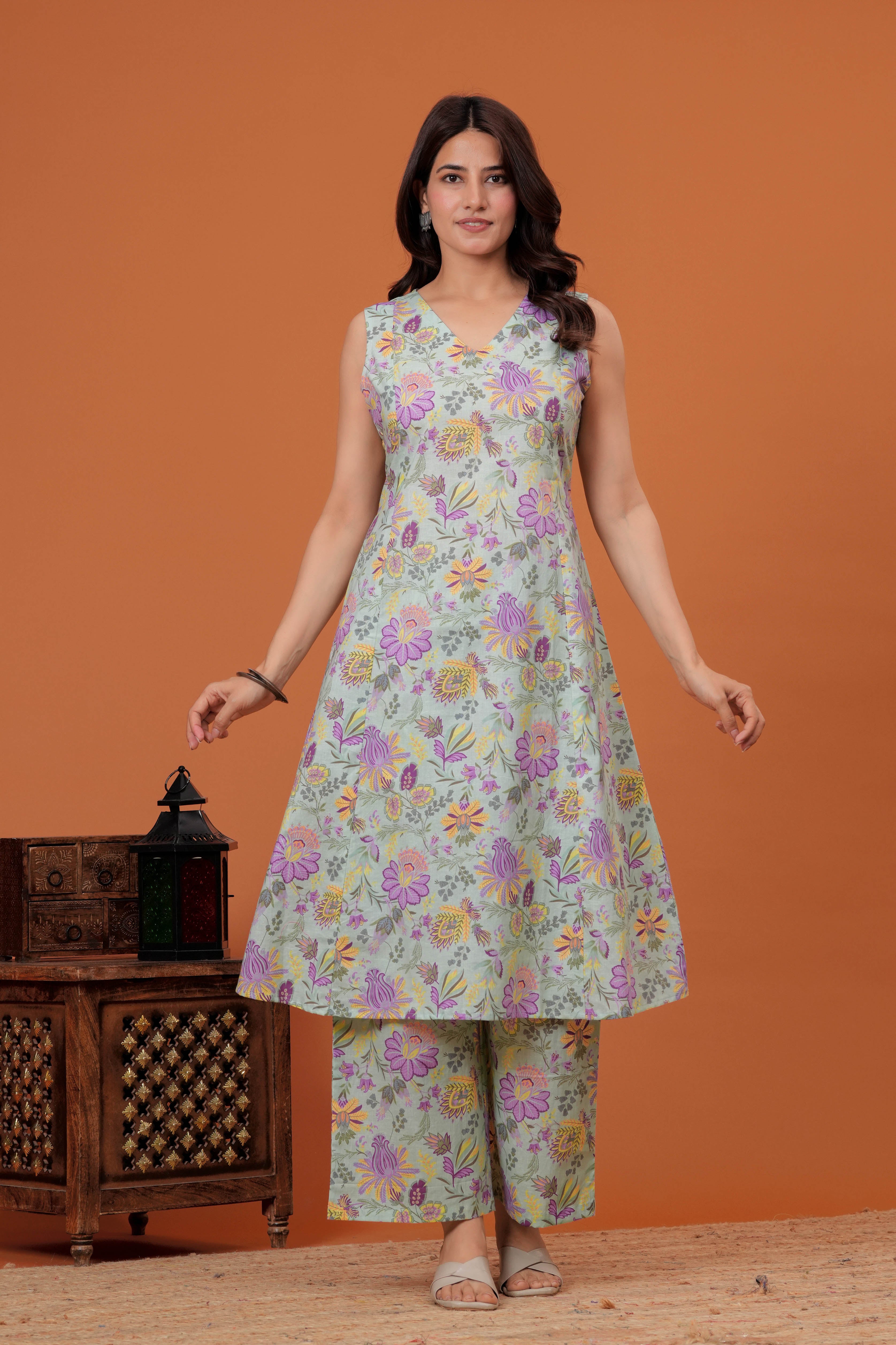 Elegant Green Floral  Printed A-Line Kurti with palazzo set