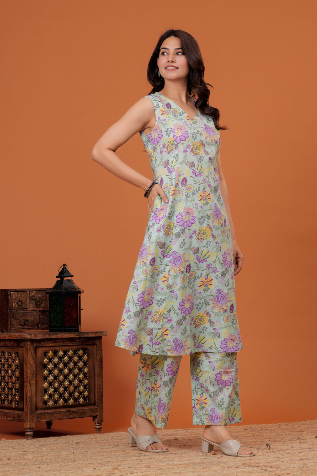 Elegant Green Floral  Printed A-Line Kurti with palazzo set