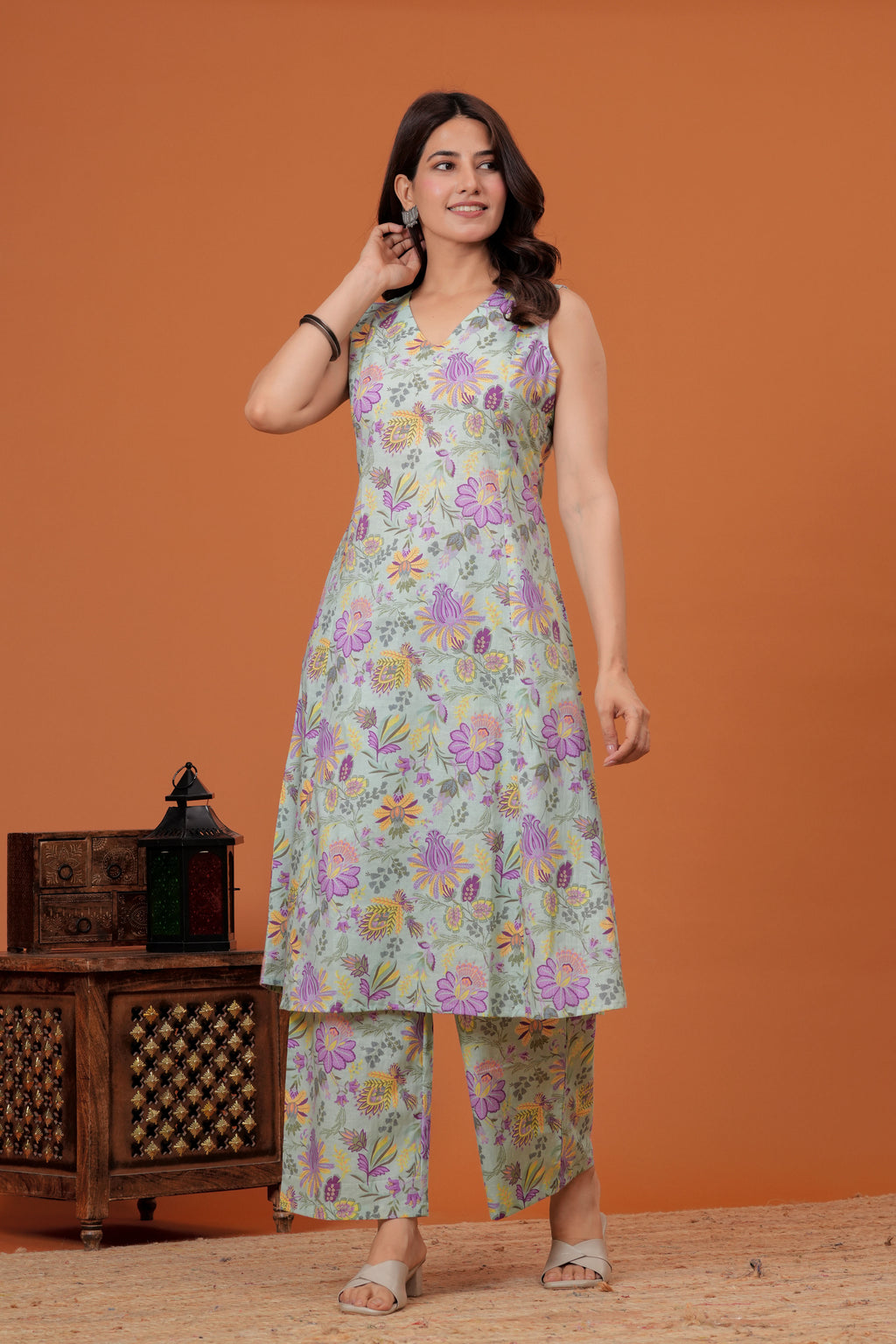 Elegant Green Floral  Printed A-Line Kurti with palazzo set