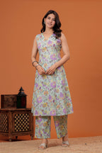 Elegant Green Floral  Printed A-Line Kurti with palazzo set