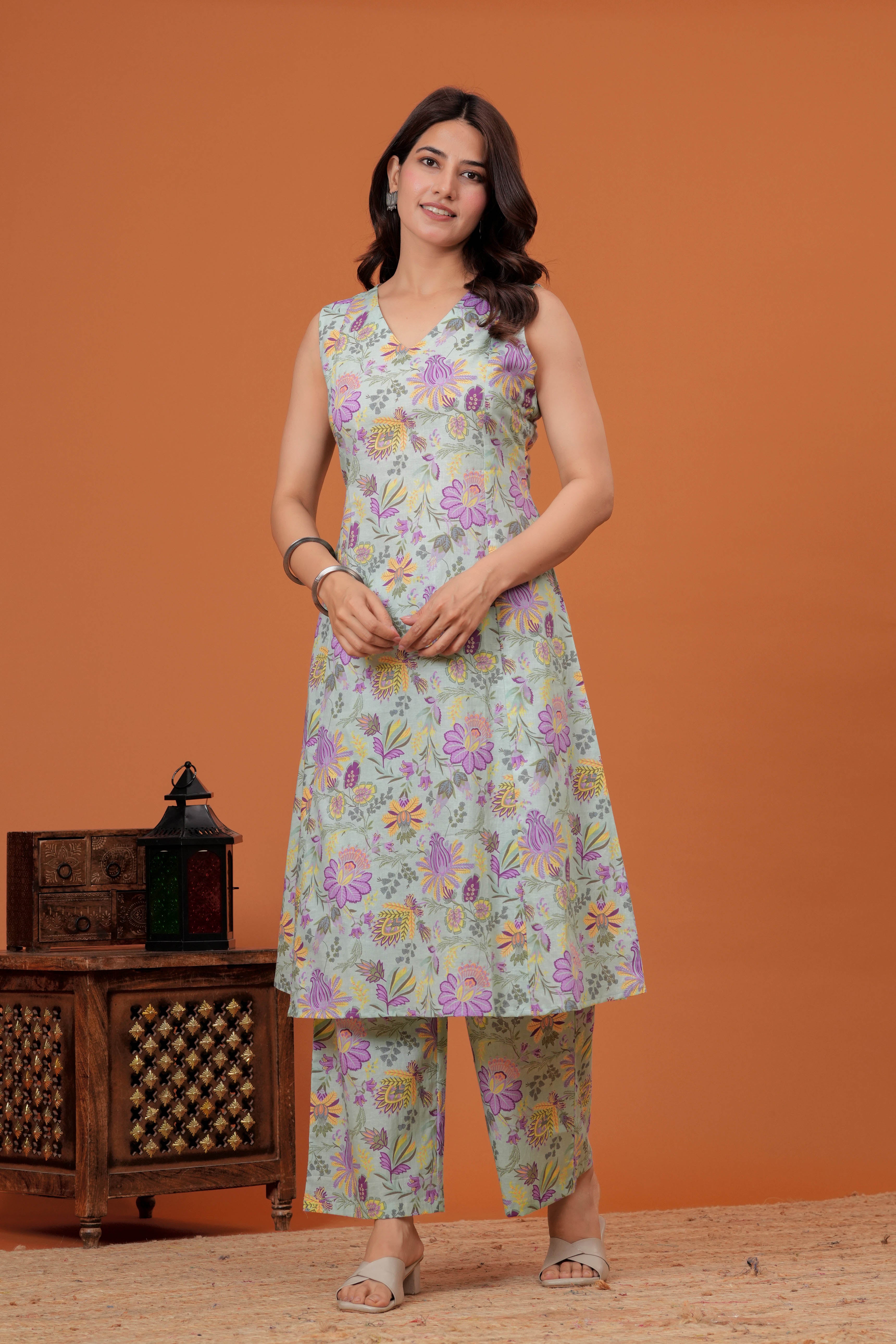 Elegant Green Floral  Printed A-Line Kurti with palazzo set
