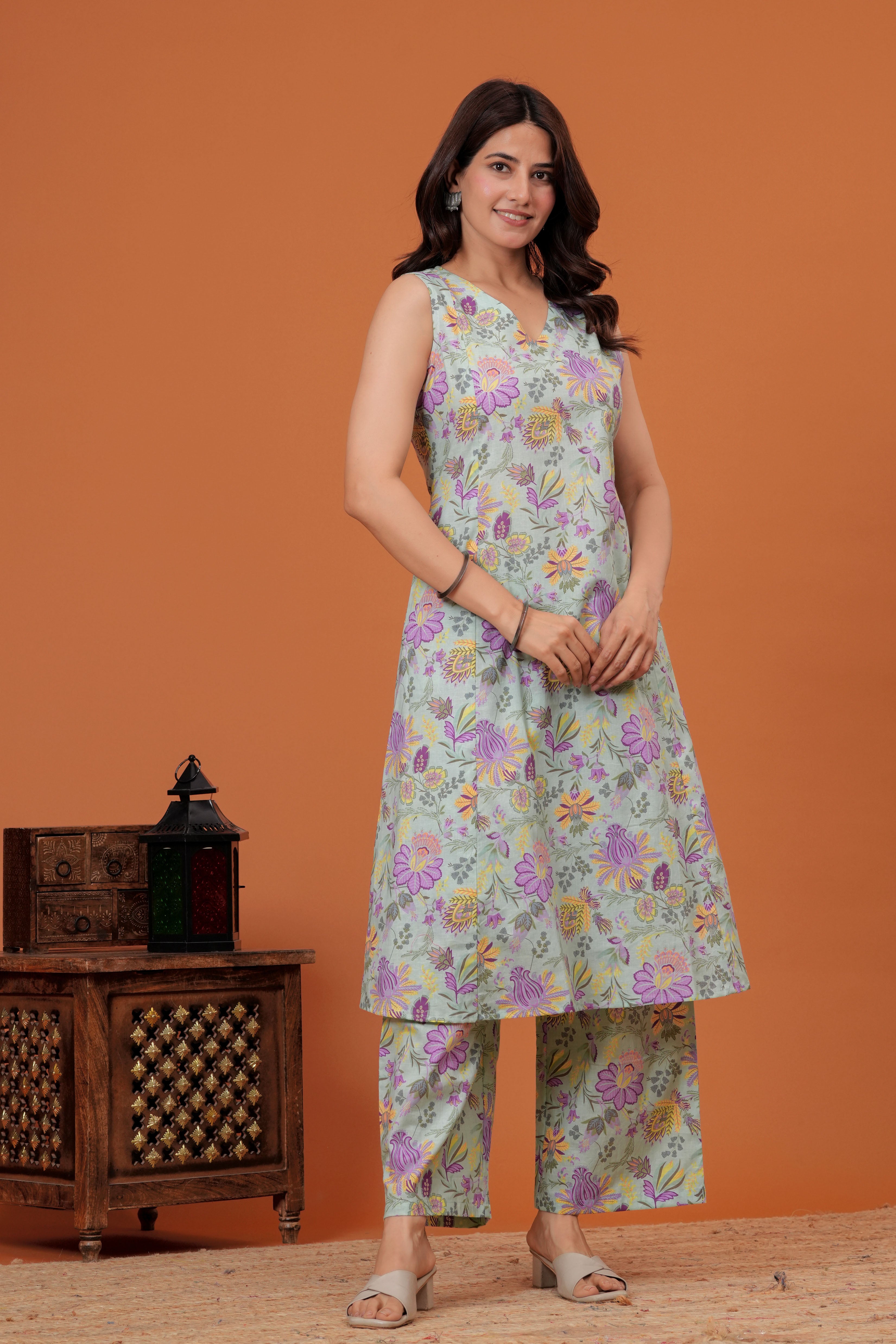 Elegant Green Floral  Printed A-Line Kurti with palazzo set