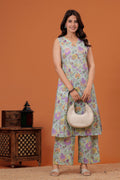 Elegant Green Floral  Printed A-Line Kurti with palazzo set