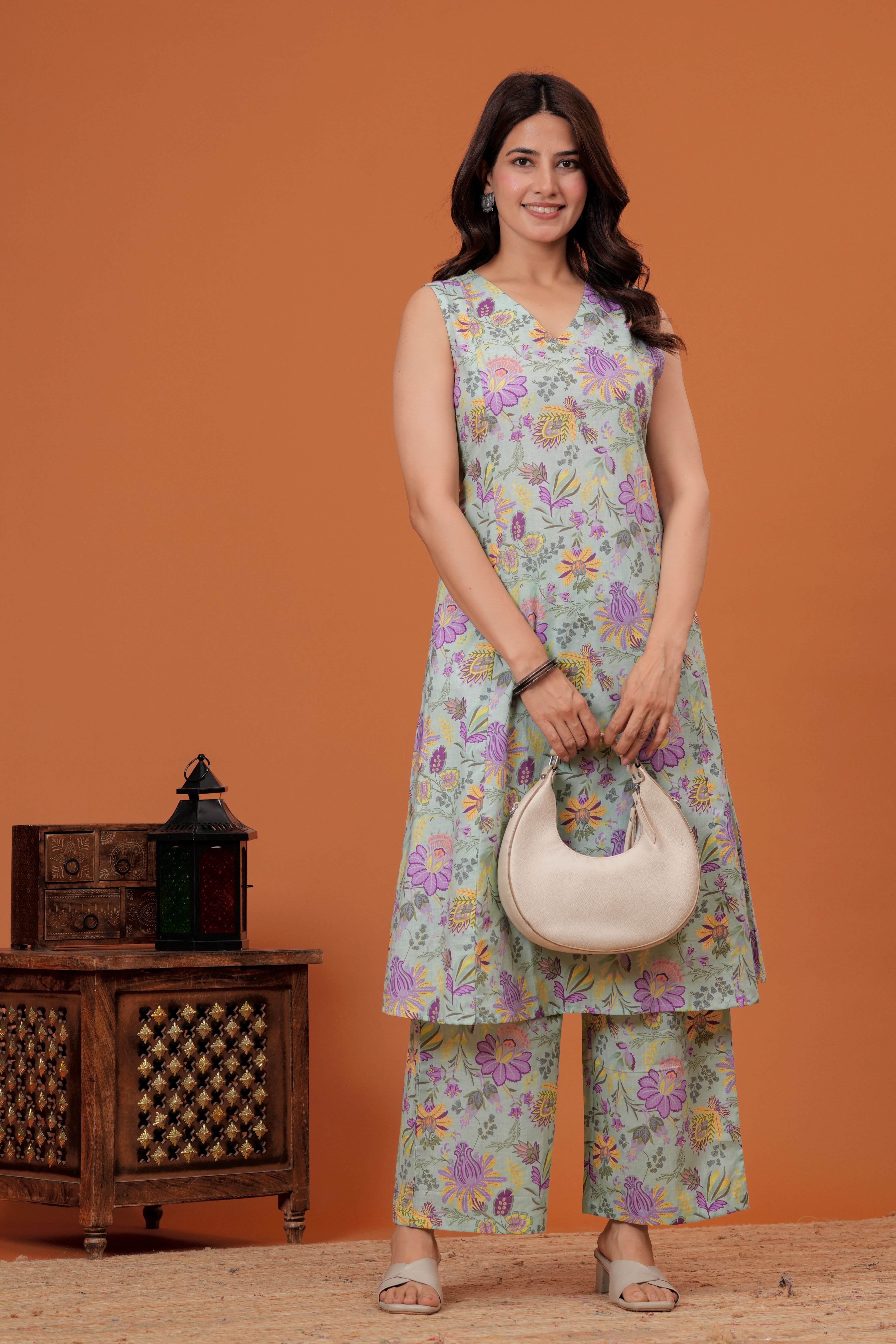 Elegant Green Floral  Printed A-Line Kurti with palazzo set