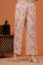 Elegant Peach Floral  Printed A-Line Kurti with palazzo set