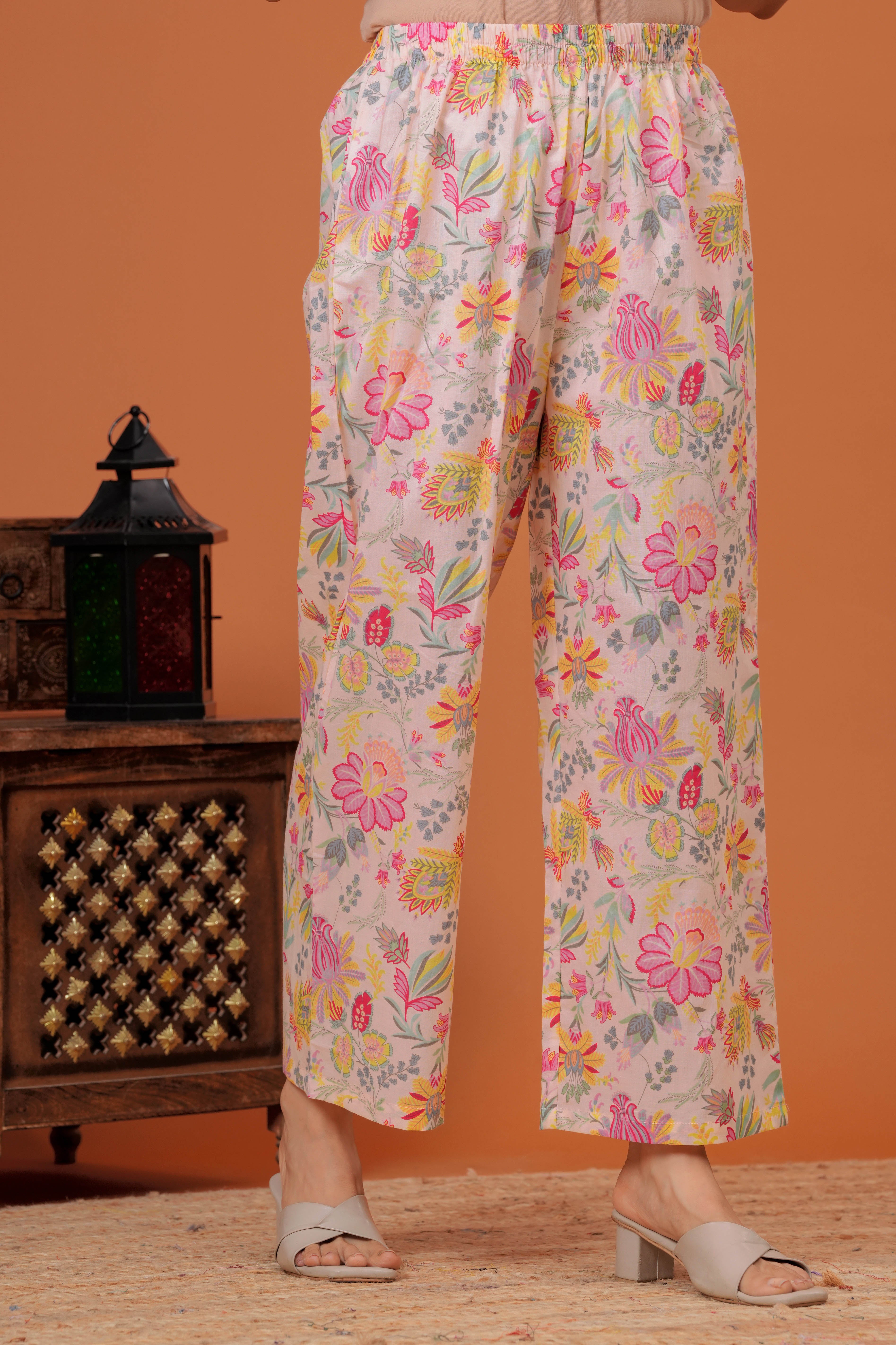 Elegant Peach Floral  Printed A-Line Kurti with palazzo set
