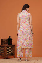 Elegant Peach Floral  Printed A-Line Kurti with palazzo set