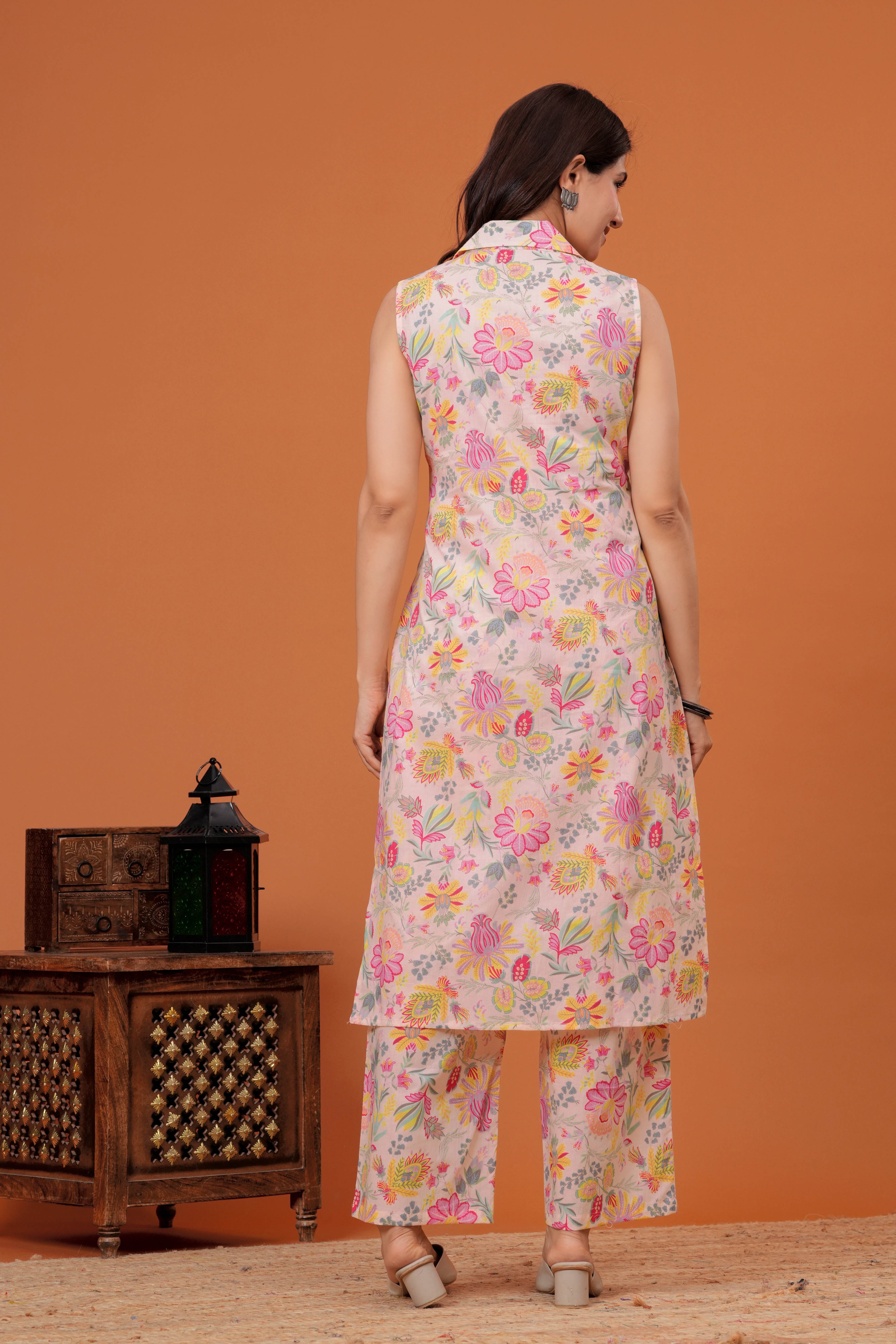 Elegant Peach Floral  Printed A-Line Kurti with palazzo set