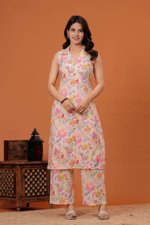 Elegant Peach Floral  Printed A-Line Kurti with palazzo set