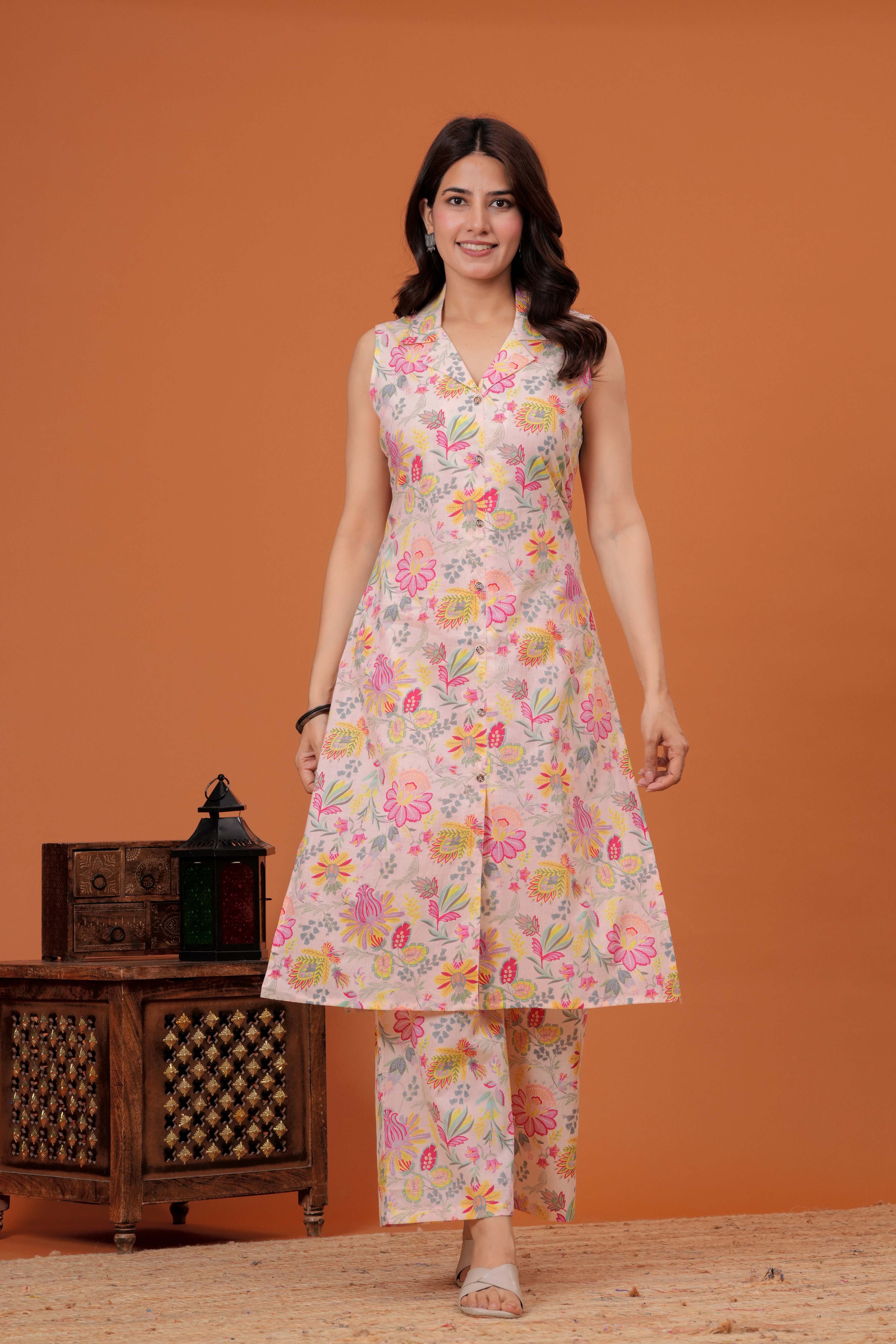 Elegant Peach Floral  Printed A-Line Kurti with palazzo set
