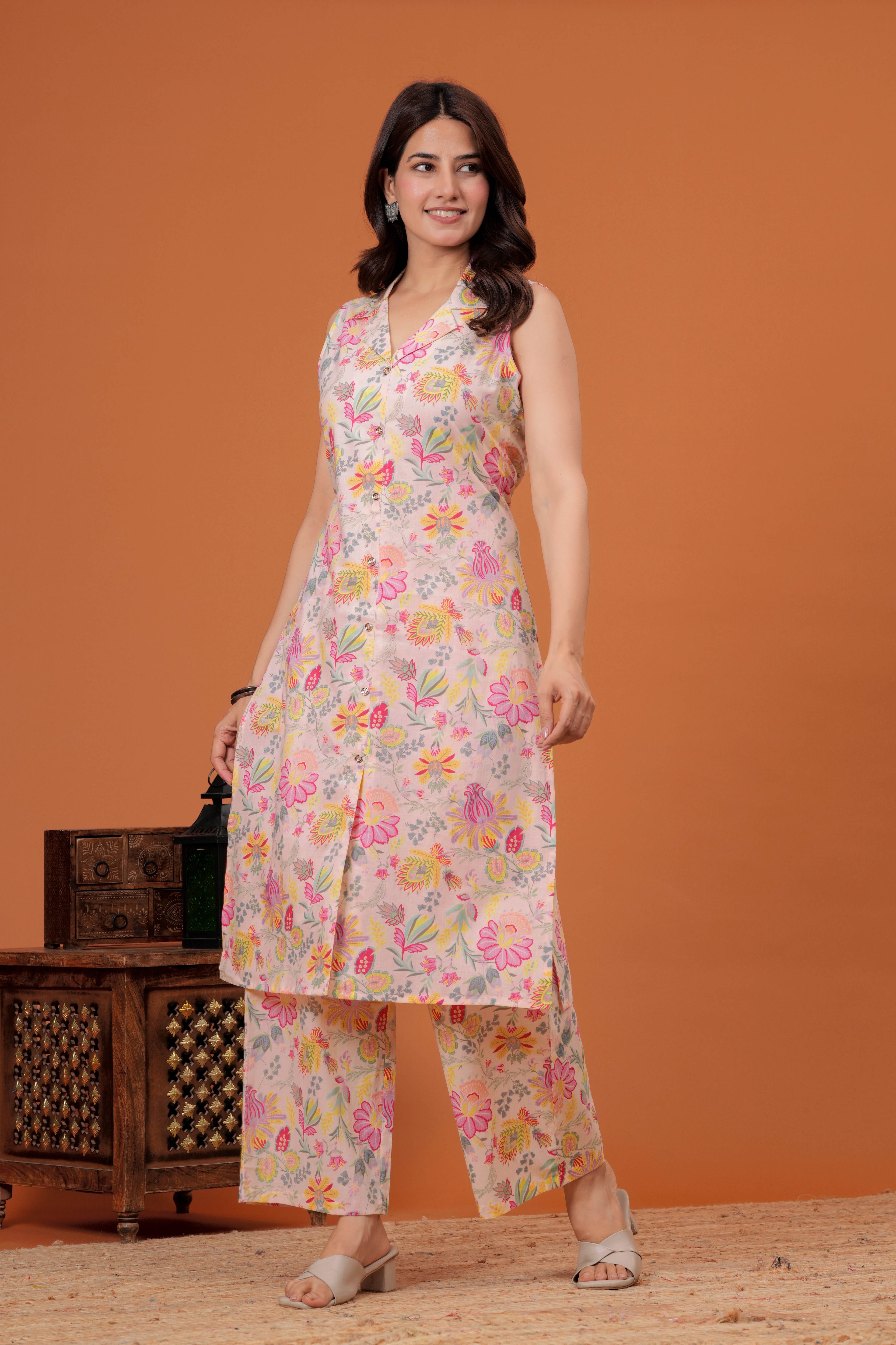 Elegant Peach Floral  Printed A-Line Kurti with palazzo set
