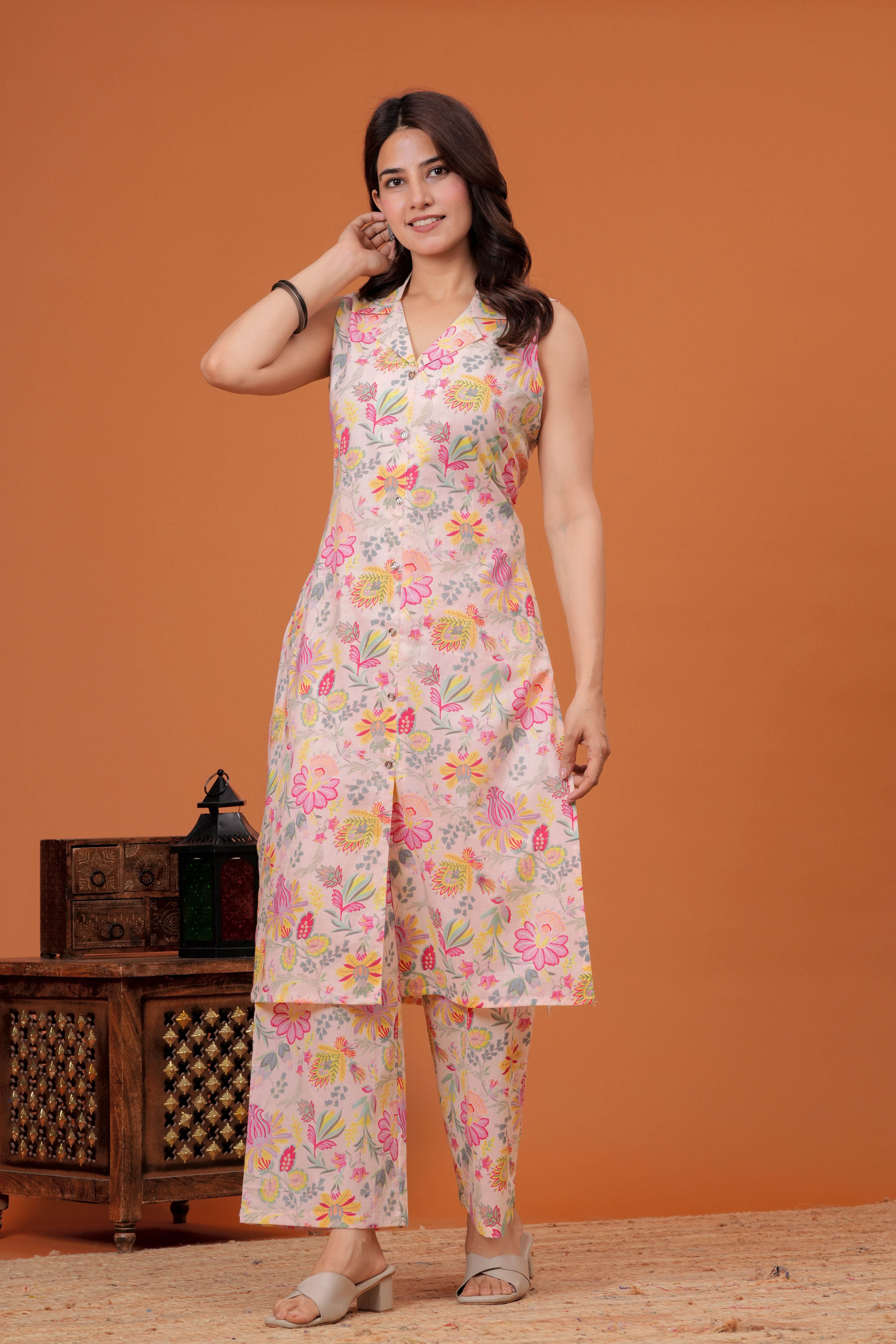 Elegant Peach Floral  Printed A-Line Kurti with palazzo set