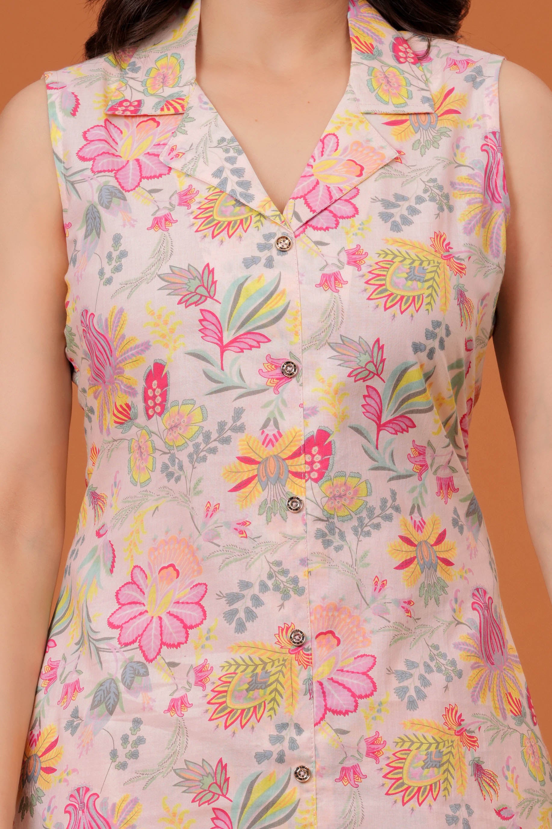 Elegant Peach Floral  Printed A-Line Kurti with palazzo set