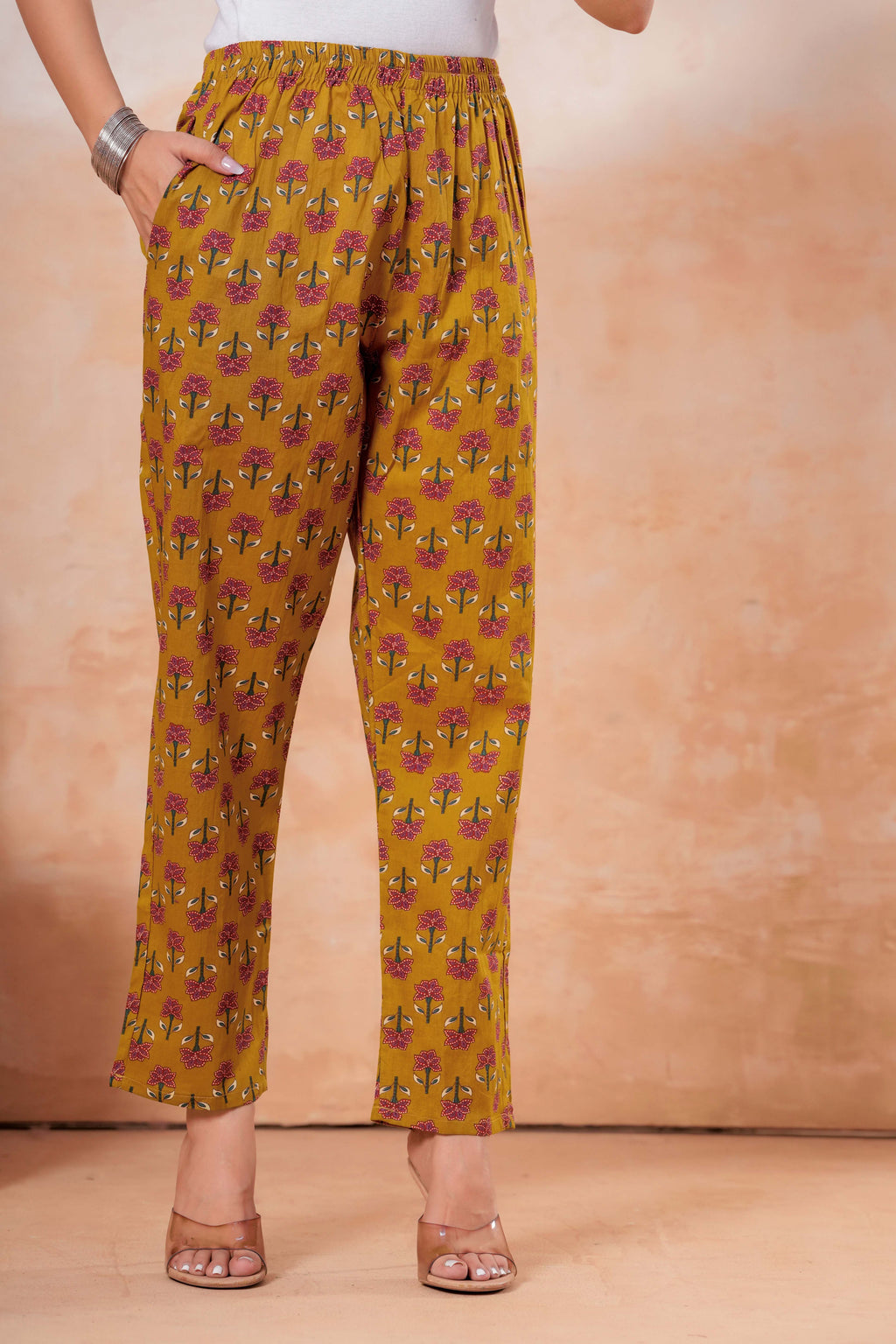 Mustard Floral Printed Cotton Kurta Set with Dupatta