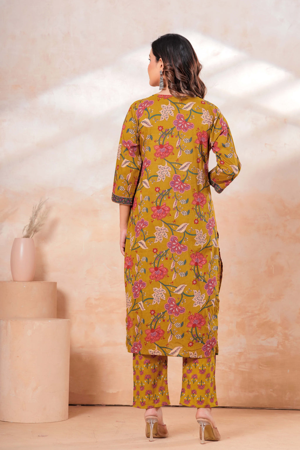 Mustard Floral Printed Cotton Kurta Set with Dupatta