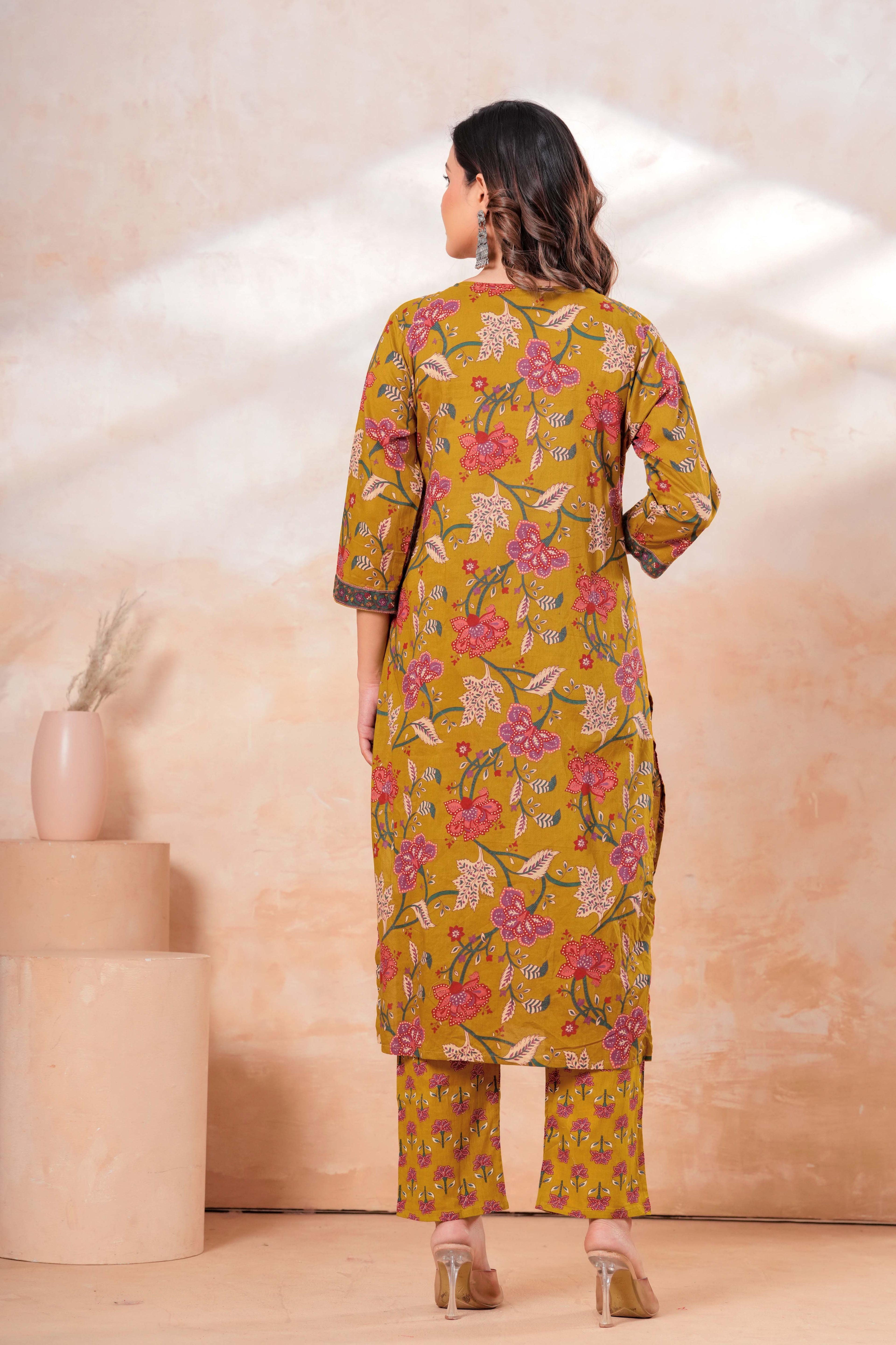 Mustard Floral Printed Cotton Kurta Set with Dupatta