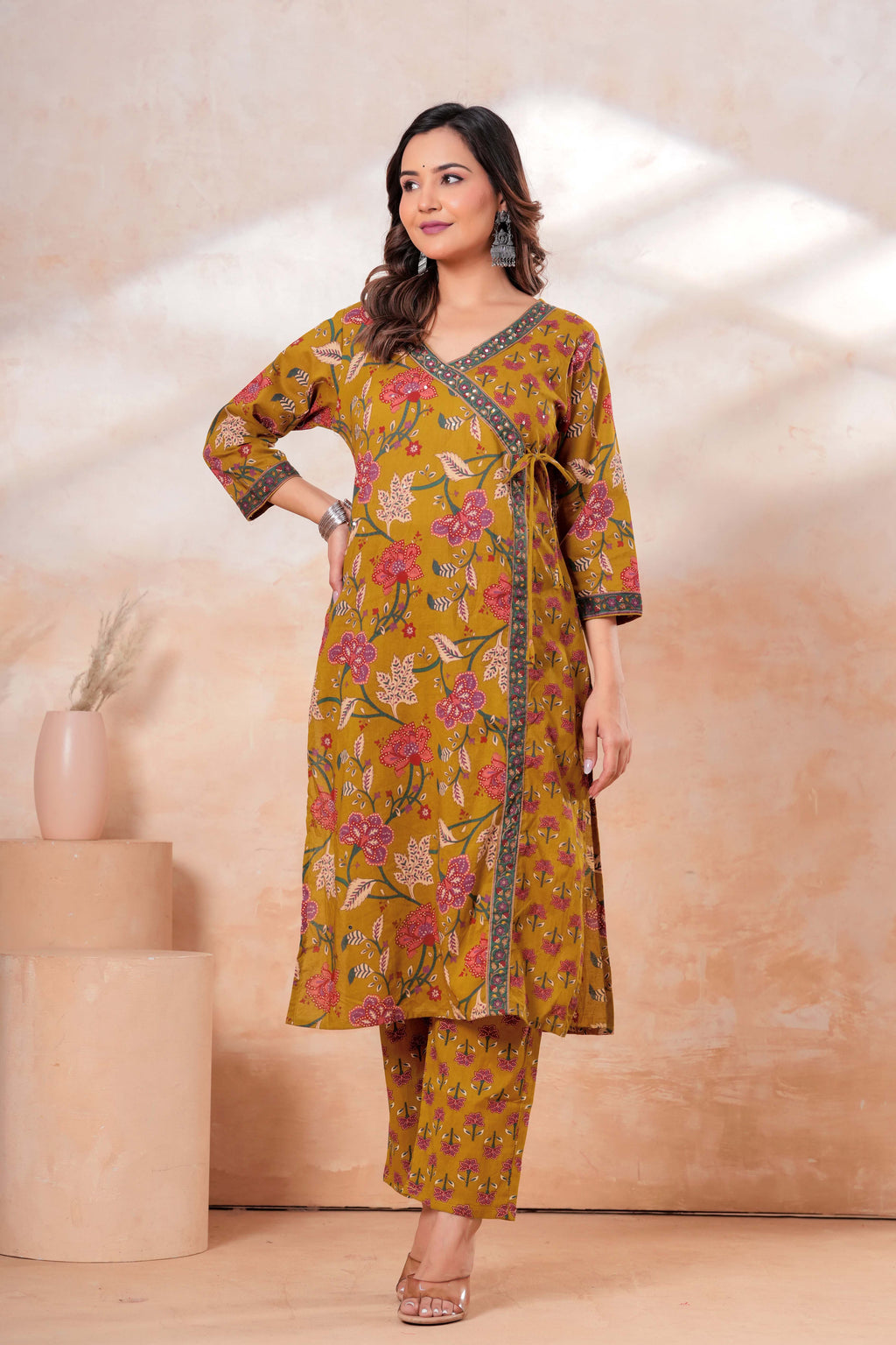 Mustard Floral Printed Cotton Kurta Set with Dupatta