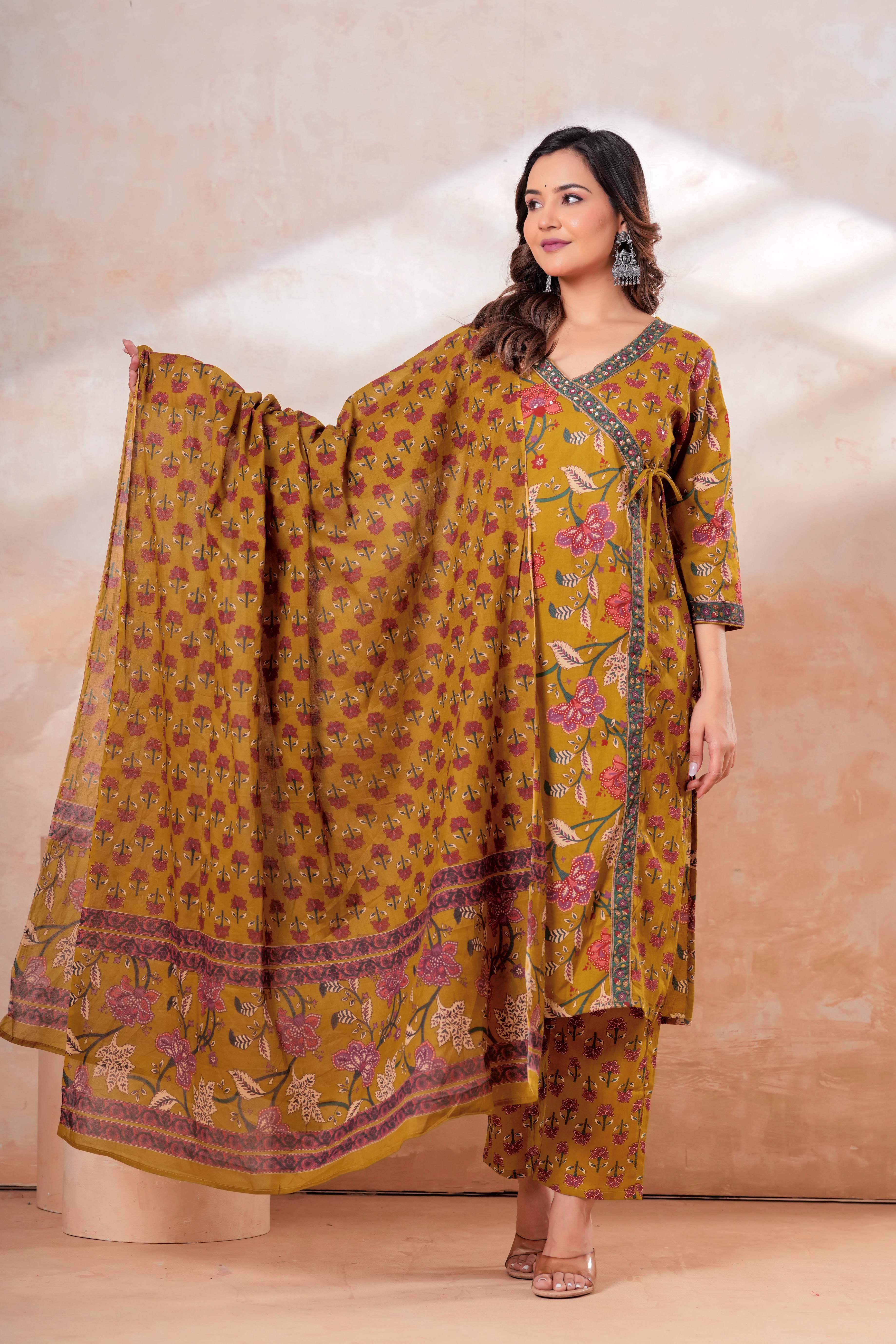 Mustard Floral Printed Cotton Kurta Set with Dupatta