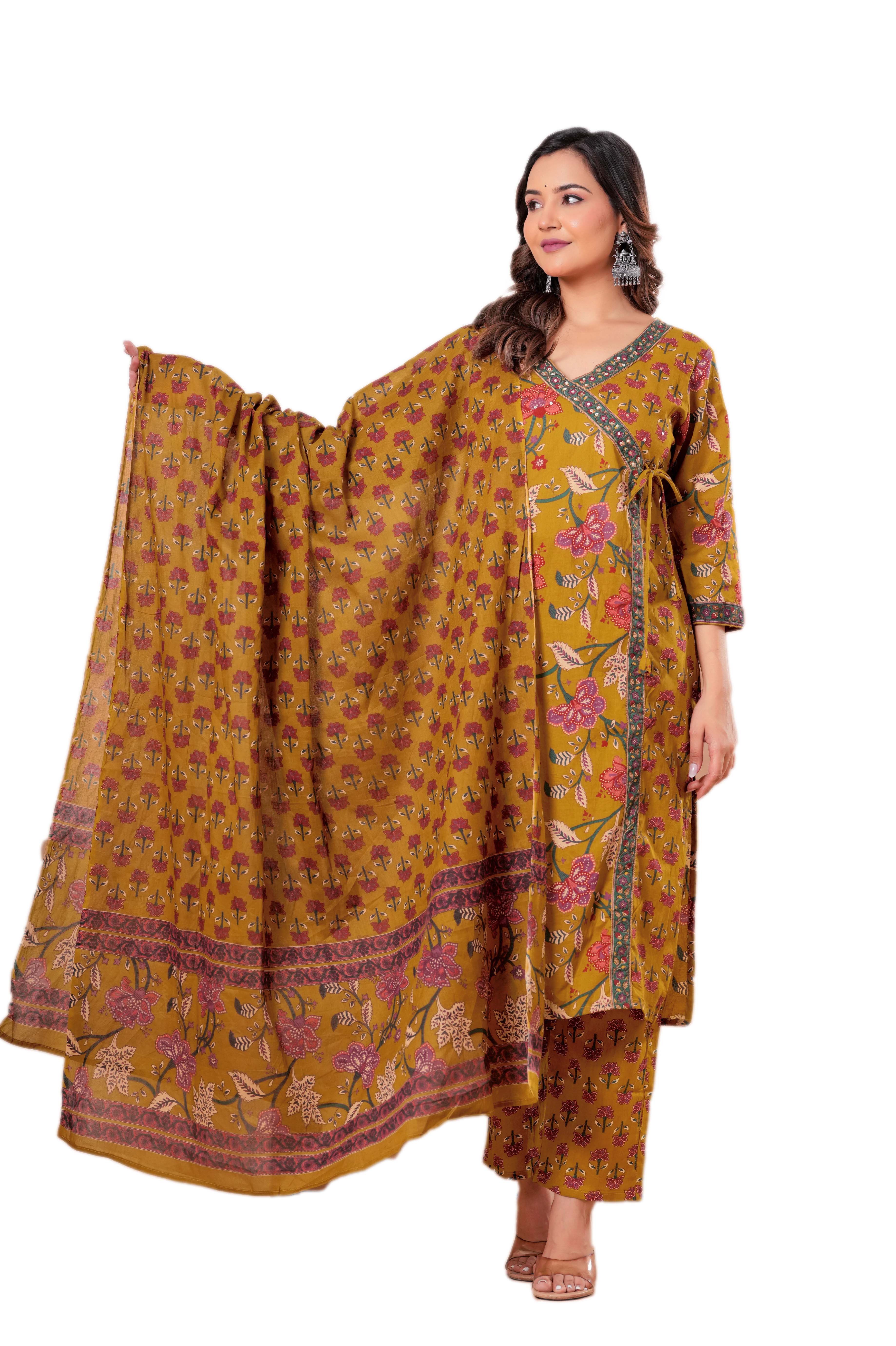 Mustard Floral Printed Cotton Kurta Set with Dupatta