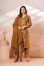 Mustard Floral Printed Cotton Kurta Set with Dupatta