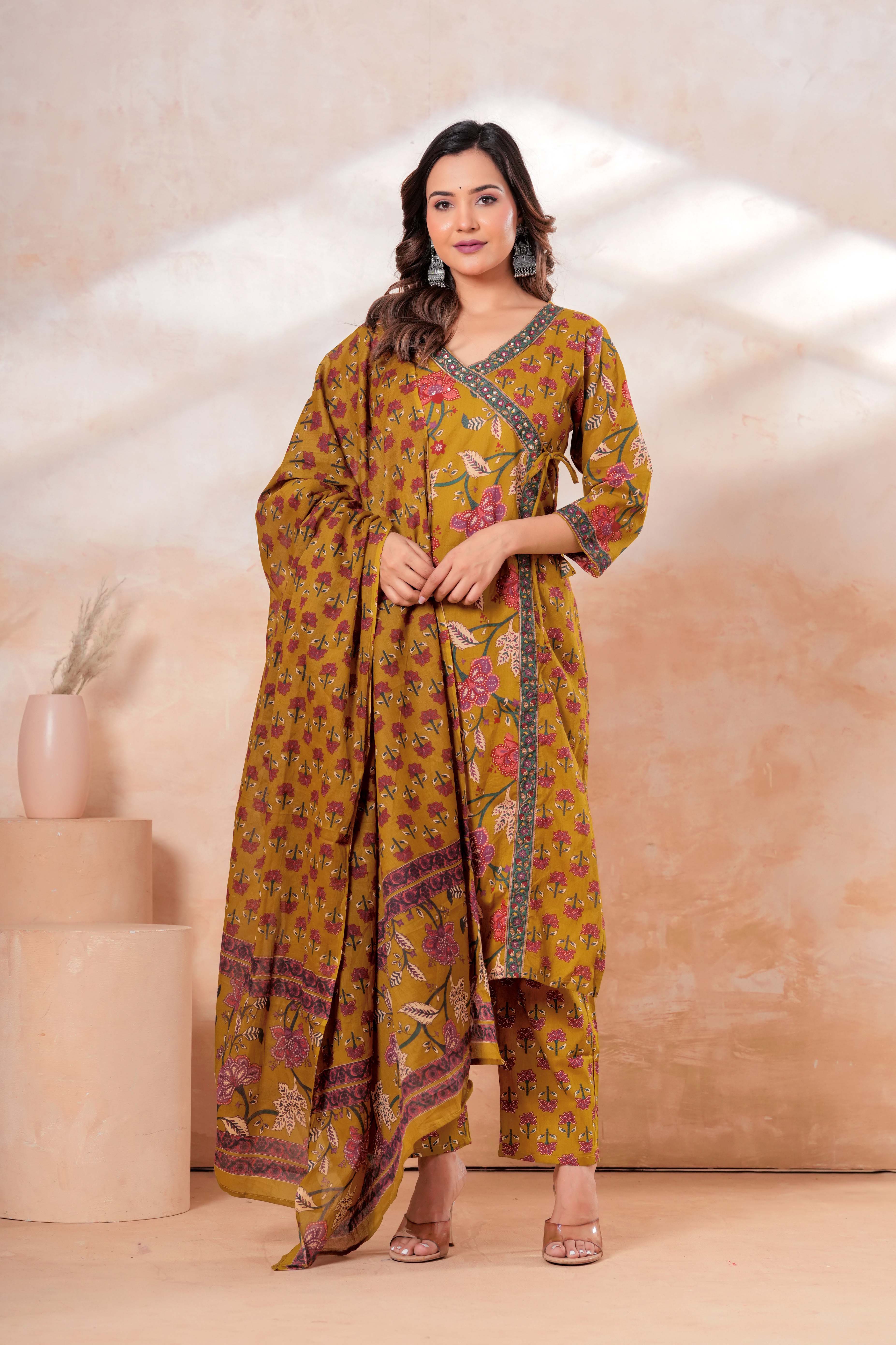 Mustard Floral Printed Cotton Kurta Set with Dupatta
