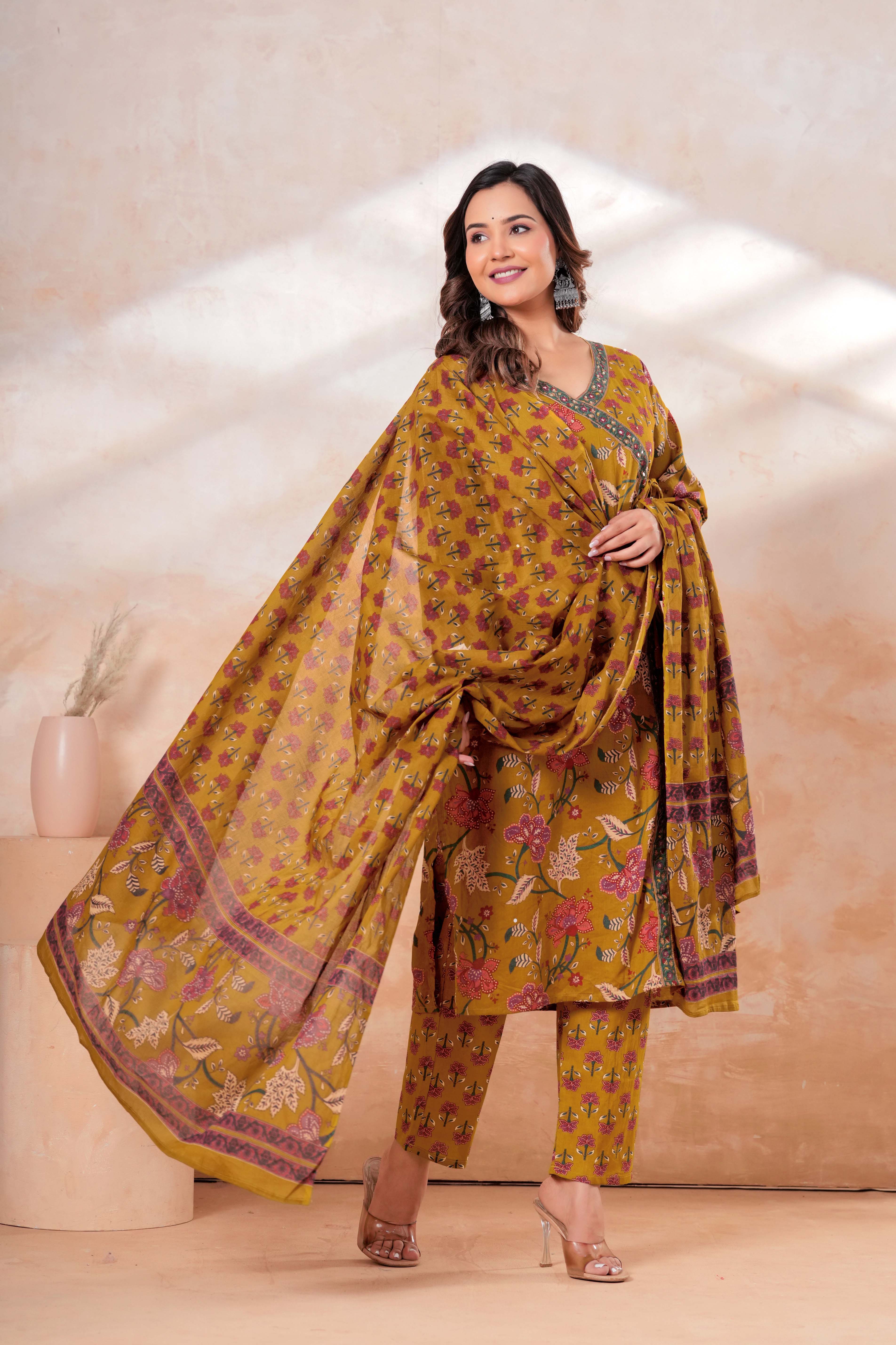 Mustard Floral Printed Cotton Kurta Set with Dupatta