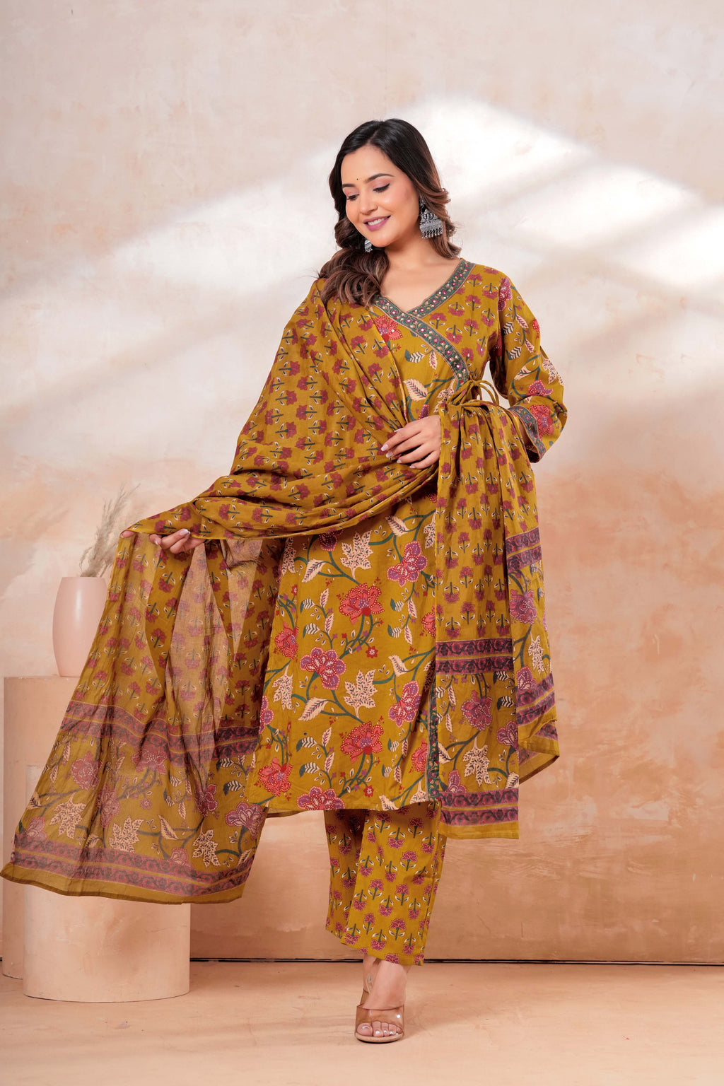 Mustard Floral Printed Cotton Kurta Set with Dupatta