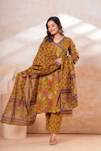 Mustard Floral Printed Cotton Kurta Set with Dupatta